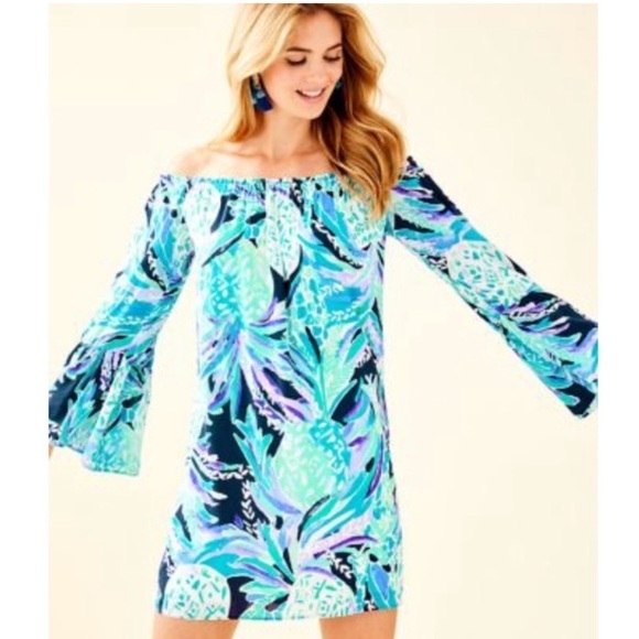 Lilly Pulitzer Nevie Off Shoulder Dress in Alotta Colada Pineapple Size XS - Picture 2 of 8